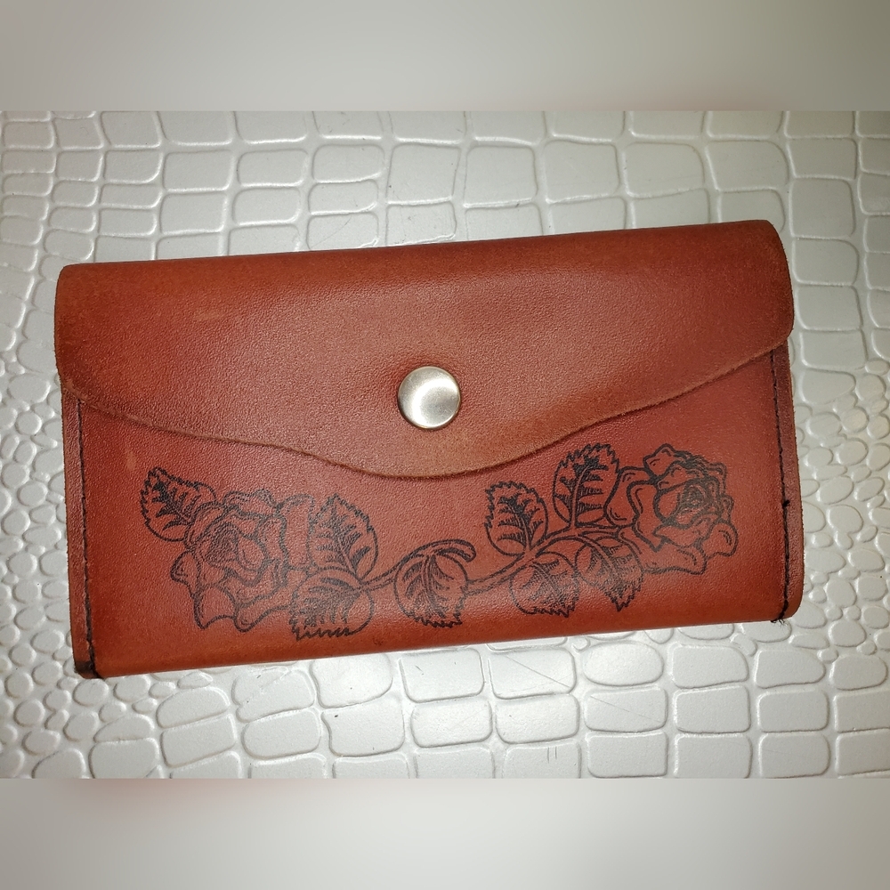 Vintage handmade leather coin purse flap, snap closure, multiple compartments